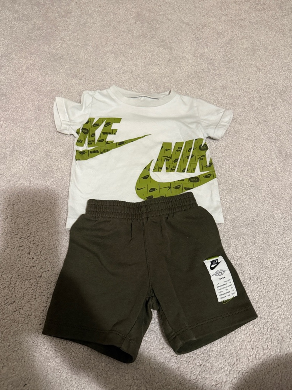 Nike White Tee with Green Swoosh & Dark Olive Shorts - 18 months